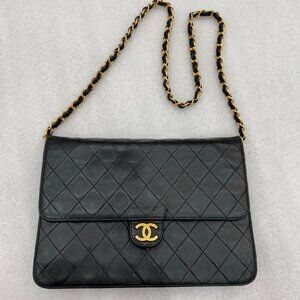 CHANEL Vintage Black Classic Front Flap Lambskin Shoulder Bag